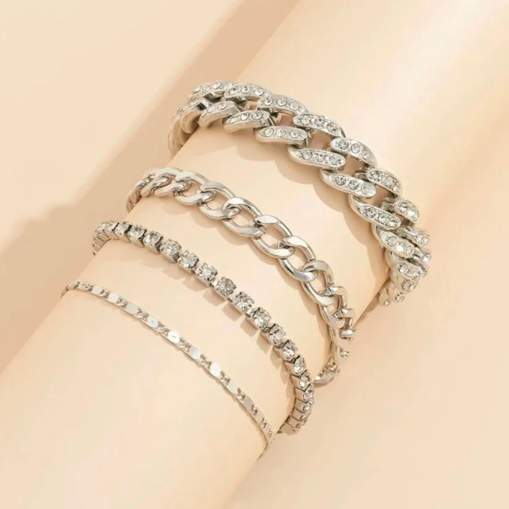 Silver Chunky Bracelet Set with Rhinestones - Picture 5 of 11